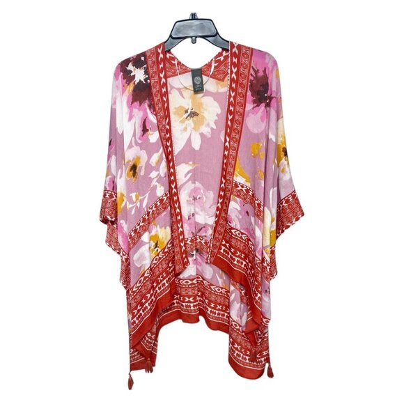 New Vince Camuto‎ Floral Print Tassel Trim Ruana in Pink Red One Size - Picture 3 of 9